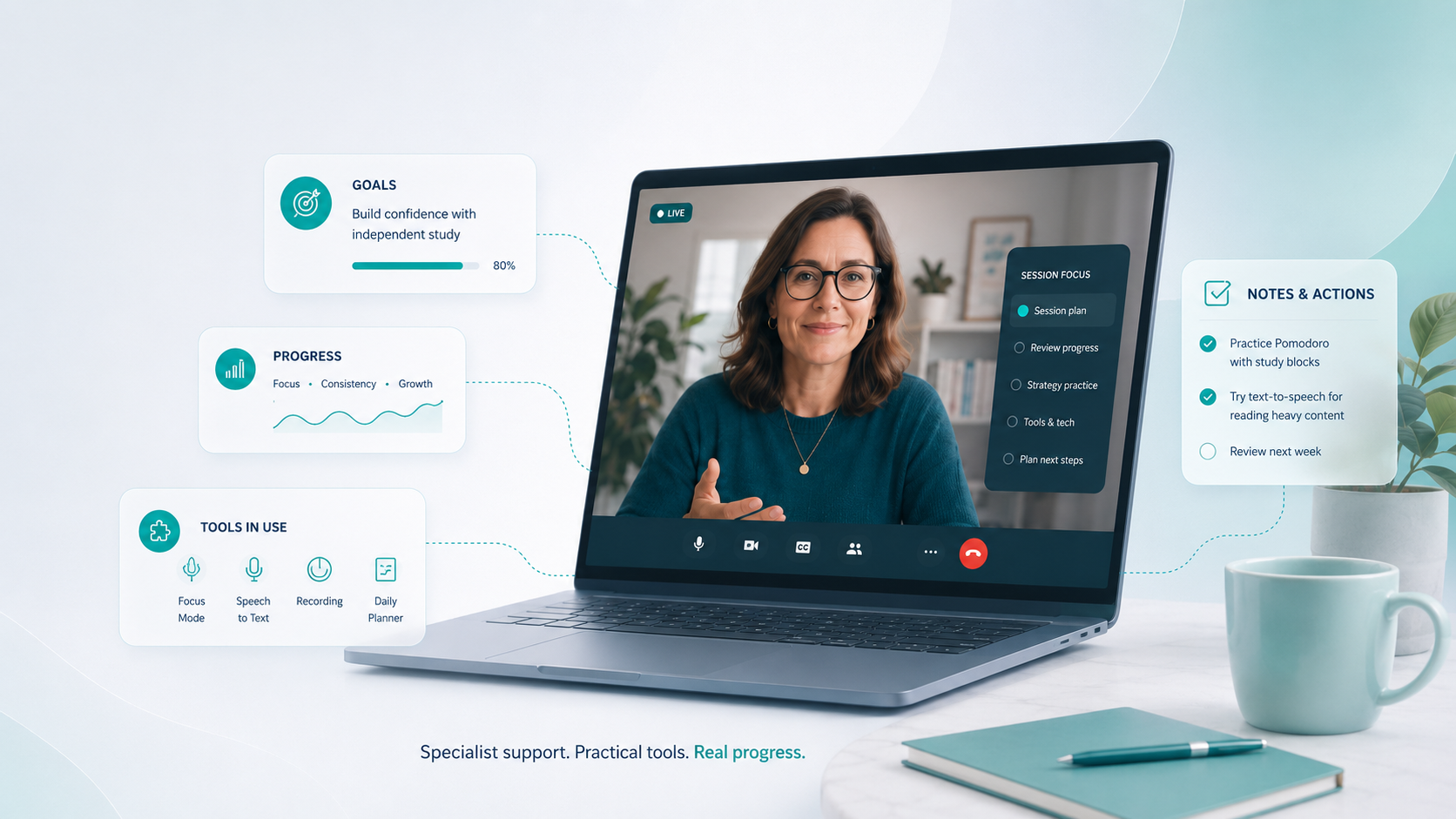 Illustration of an online specialist support session with a mentor, goals and progress panels